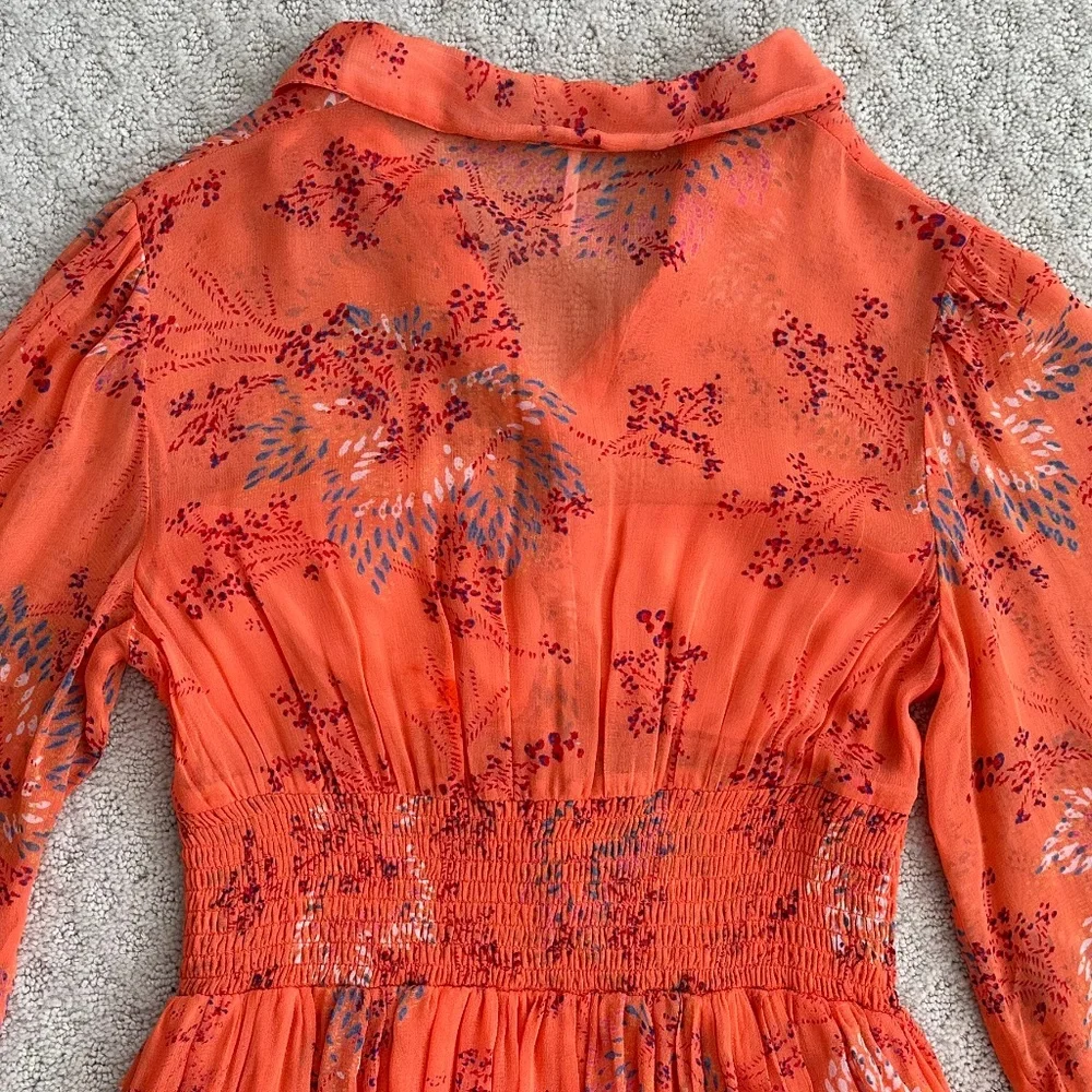 Free People Long Sleeve Smocked Mini Dress Orange XS Boho Festival Romantic